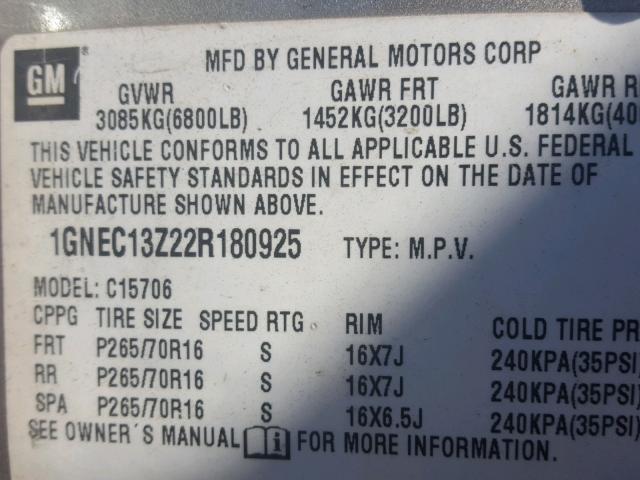 1GNEC13Z22R180925 - 2002 CHEVROLET TAHOE GOLD photo 10