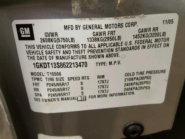 1GKDT13S862213470 - 2006 GMC ENVOY SILVER photo 10