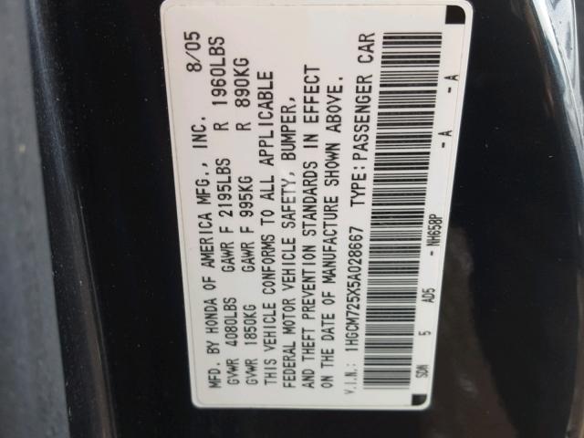 1HGCM725X5A028667 - 2005 HONDA ACCORD LX GRAY photo 10