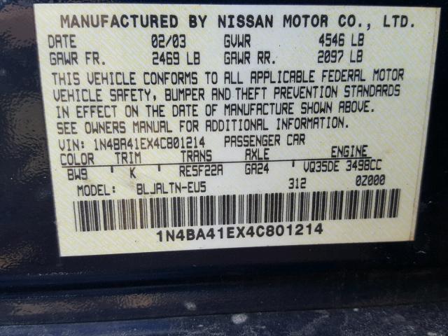 1N4BA41EX4C801214 - 2004 NISSAN MAXIMA SE BLUE photo 10