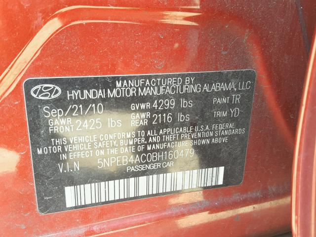 5NPEB4AC0BH160479 - 2011 HYUNDAI SONATA GLS RED photo 10