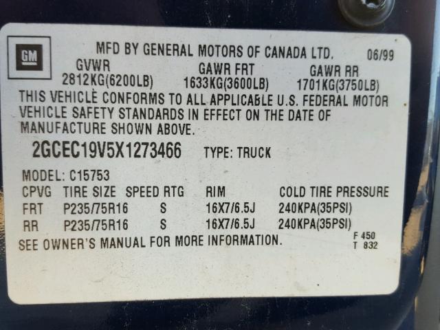 2GCEC19V5X1273466 - 1999 CHEVROLET SILVERADO BLUE photo 10