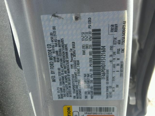 1FA6P0HD1F5121604 - 2015 FORD FUSION SE SILVER photo 10