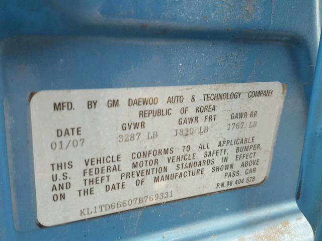 KL1TD66607B769331 - 2007 CHEVROLET AVEO BASE Niebieski zdjęcie 10