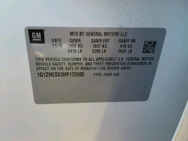 1G1ZH5SX3HF172905 - 2017 CHEVROLET MALIBU PRE 白色 照片 10