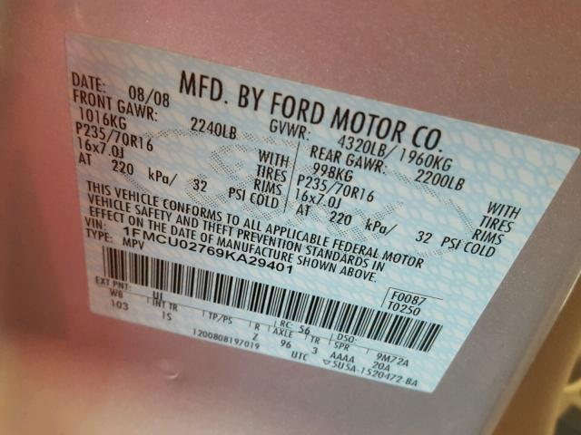 1FMCU02769KA29401 - 2009 FORD ESCAPE XLS SILVER photo 10