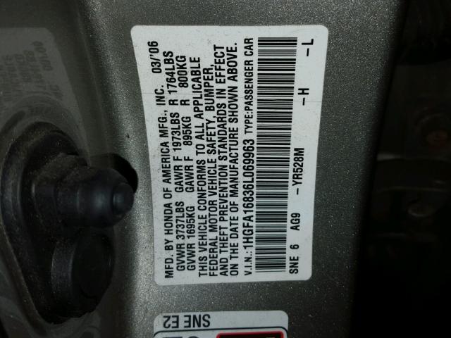 1HGFA16836L069963 - 2006 HONDA CIVIC EX TAN photo 10