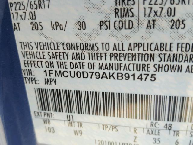 1FMCU0D79AKB91475 - 2010 FORD ESCAPE XLT BLUE photo 10