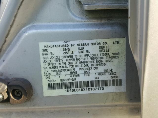 1N4DL01DX1C107170 - 2001 NISSAN ALTIMA XE SILVER photo 10