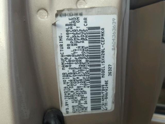 4T1BG22K71U056165 - 2001 TOYOTA CAMRY CE BEIGE photo 10