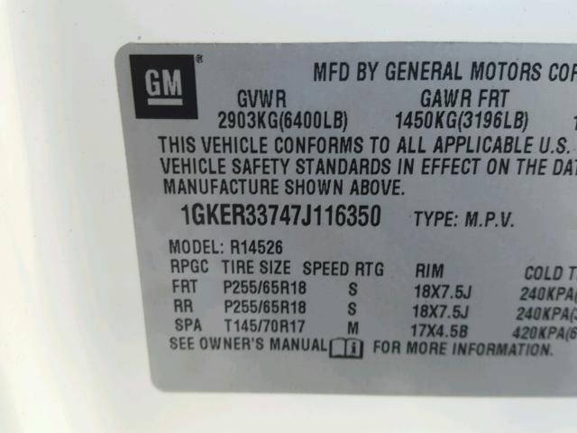 1GKER33747J116350 - 2007 GMC ACADIA SLT WHITE photo 10