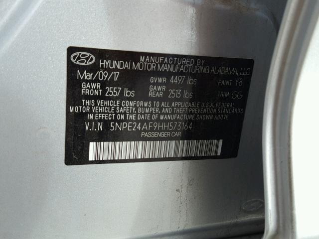 5NPE24AF9HH573164 - 2017 HYUNDAI SONATA SE SILVER photo 10