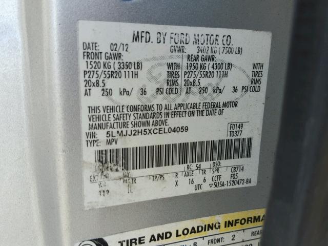 5LMJJ2H5XCEL04059 - 2012 LINCOLN NAVIGATOR ვერცხლისფერი ფოტო 10