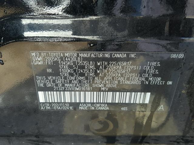 2T3ZF33VX9W016181 - 2009 TOYOTA RAV4 BLACK photo 10