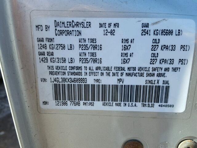 1J4GL38KX3W609993 - 2003 JEEP LIBERTY RE SILVER photo 10