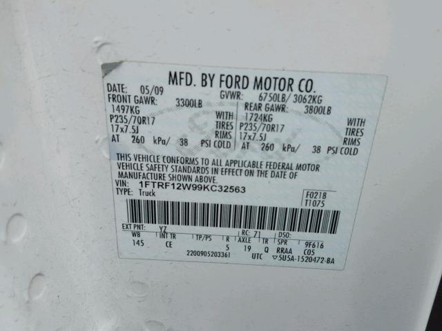 1FTRF12W99KC32563 - 2009 FORD F150 WHITE photo 10