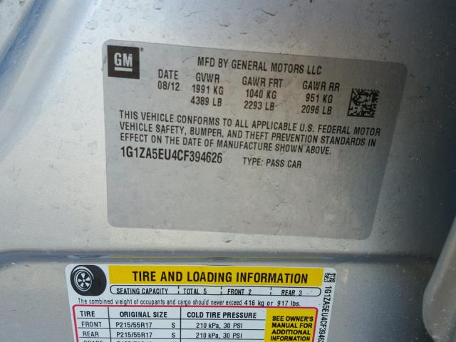 1G1ZA5EU4CF394626 - 2012 CHEVROLET MALIBU LS ვერცხლისფერი ფოტო 10