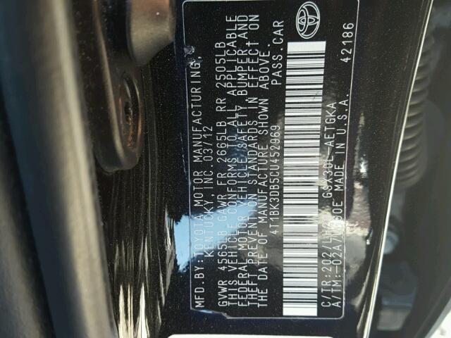 4T1BK3DB5CU452969 - 2012 TOYOTA AVALON BAS BLACK photo 10