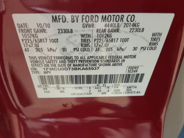 1FMCU0D73BKA65937 - 2011 FORD ESCAPE XLT RED photo 10