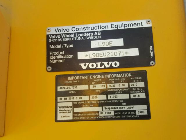 L90EV21071 - 2004 VOLVO L90E Q/C YELLOW photo 10