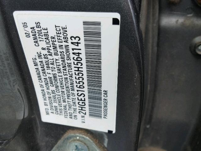 2HGES16555H564143 - 2005 HONDA CIVIC LX GRAY photo 10