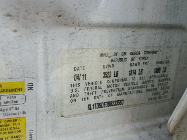 KL1TD5DE3BB233583 - 2011 CHEVROLET AVEO LS WHITE photo 10