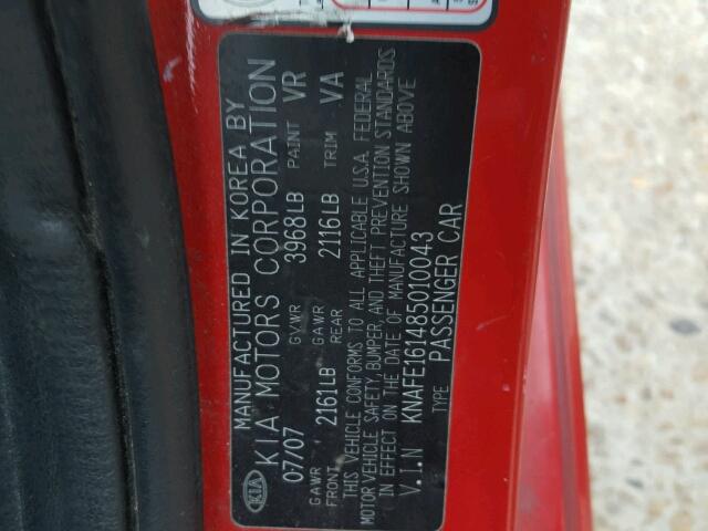 KNAFE161485010043 - 2008 KIA SPECTRA5 5 RED photo 10