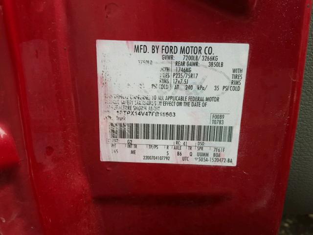 1FTPX14V47FB18663 - 2007 FORD F150 RED photo 10