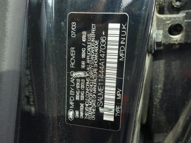 SALME11444A147036 - 2004 LAND ROVER RANGE ROVE BLACK photo 10