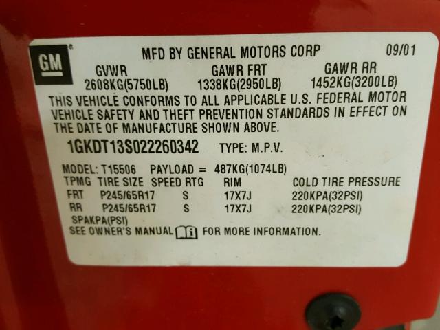 1GKDT13S022260342 - 2002 GMC ENVOY RED photo 10