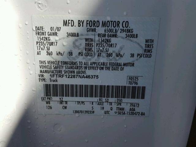 1FTRF12287NA46375 - 2007 FORD F150 WHITE photo 10