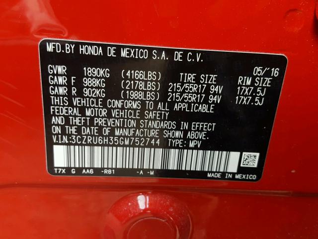 3CZRU6H35GM752744 - 2016 HONDA HR-V LX RED photo 10