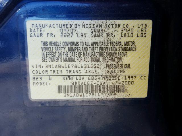 3N1AB61E78L631552 - 2008 NISSAN SENTRA 2.0 BLUE photo 10