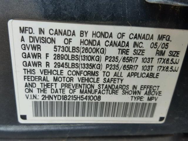 2HNYD18215H541008 - 2005 ACURA MDX BLUE photo 10