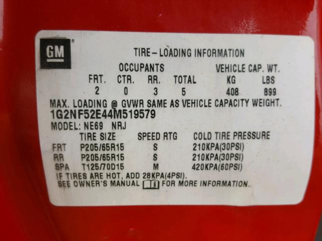 1G2NF52E44M519579 - 2004 PONTIAC GRAND AM S წითელი ფოტო 10