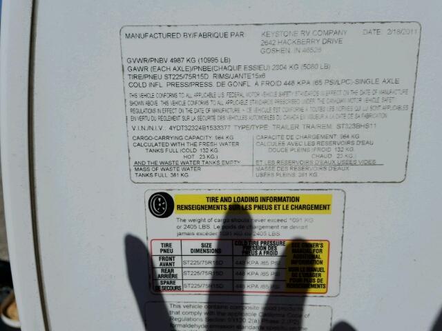 4YDT32324B1533377 - 2011 KEYSTONE SPRINTER WHITE photo 10
