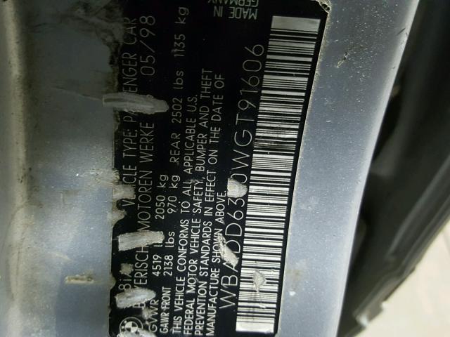 WBADD6320WGT91606 - 1998 BMW 528 I AUTO SILVER photo 10