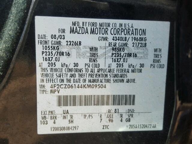 4F2CZ06144KM09504 - 2004 MAZDA TRIBUTE ES 黑色 照片 10