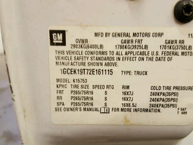 1GCEK19T72E161115 - 2002 CHEVROLET SILVERADO WHITE photo 10