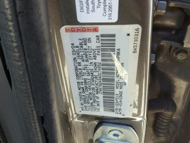 JTKKT624340074952 - 2004 TOYOTA SCION XA GRAY photo 10