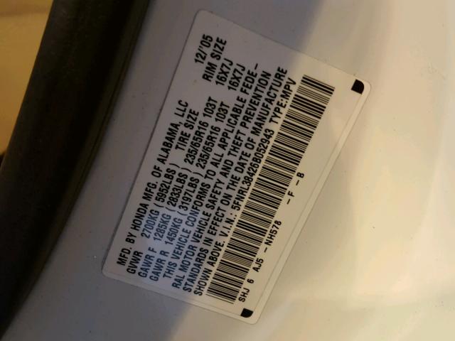 5FNRL38426B052943 - 2006 HONDA ODYSSEY EX WHITE photo 10