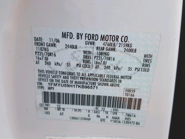 1FMYU59H17KB96571 - 2007 FORD ESCAPE HEV WHITE photo 10