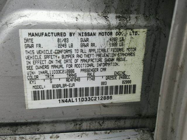 1N4AL11D33C212886 - 2003 NISSAN ALTIMA BAS SILVER photo 10