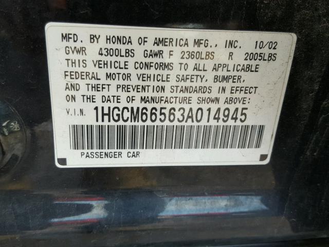 1HGCM66563A014945 - 2003 HONDA ACCORD EX BLACK photo 10