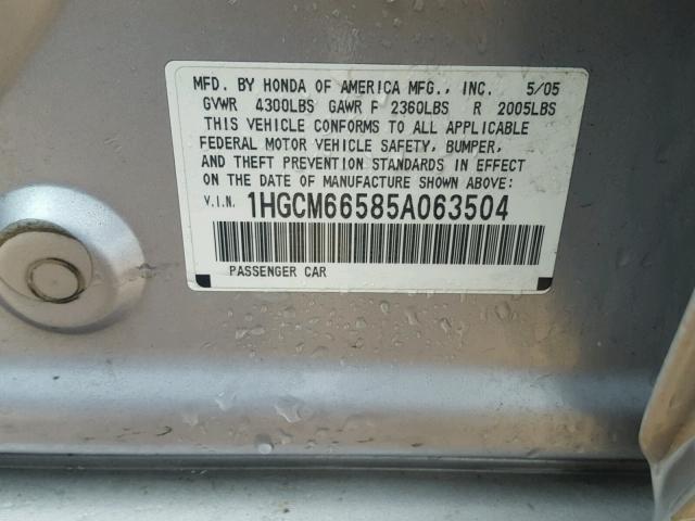 1HGCM66585A063504 - 2005 HONDA ACCORD EX SILVER photo 10