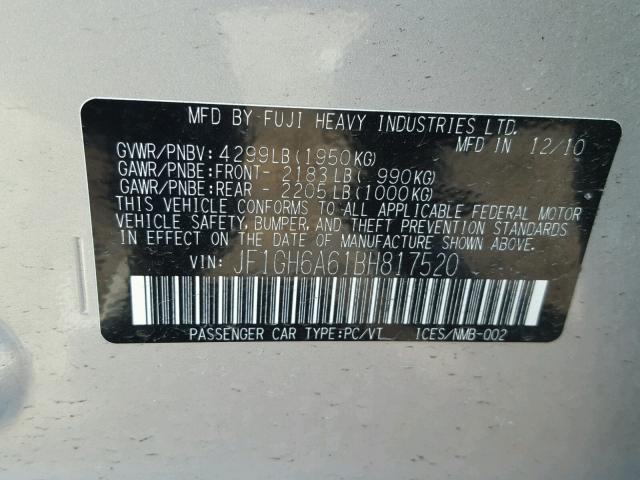 JF1GH6A61BH817520 - 2011 SUBARU IMPREZA 2. SILVER photo 10