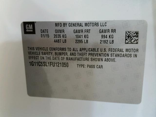 1G11C5SL1FU121050 - 2015 CHEVROLET MALIBU 1LT 白色 照片 10