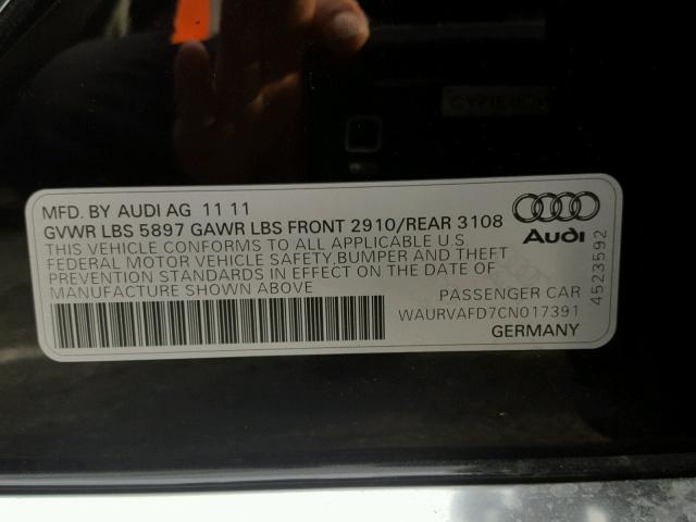 WAURVAFD7CN017391 - 2012 AUDI A8 L QUATT BLACK photo 10