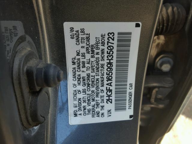 2HGFA16599H350723 - 2009 HONDA CIVIC LX GRAY photo 10