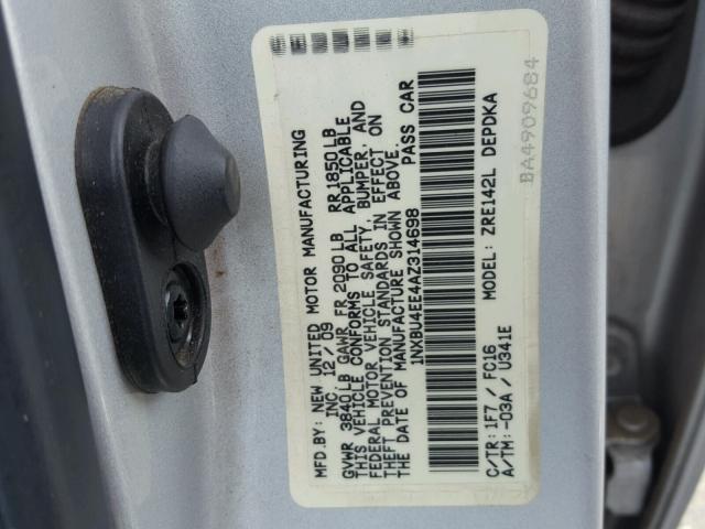 1NXBU4EE4AZ314698 - 2010 TOYOTA COROLLA BA SILVER photo 10